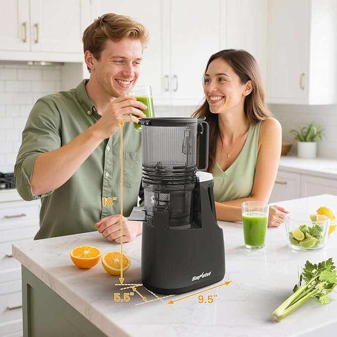Sunvivi Cold Press Juicer with 5.9" Wide Feed Chute, 250W Slow Masticating Juicer Machines Fit Whole Vegetables & Fruits, Easy to Clean, Dual-Layer Strainer, High Yield Juicer for Home, Black