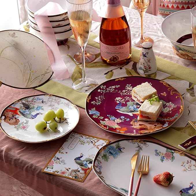 ACMLIFE Bone China Dinnerware Set, Porcelain Dinnerware Sets for 4, Vintage Floral China Dinnerware Set, Light Blue 12 Piece China Set Lightweight Bone China Dinner Sets Plates and Bowls Set (Red)