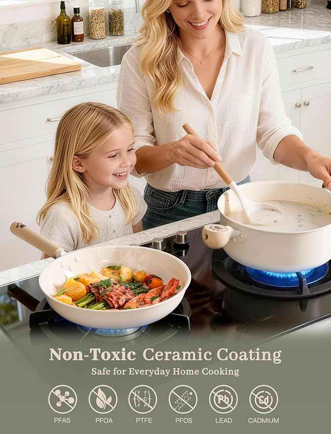 Astercook Pots and Pans Set Non Stick, Ceramic Cookware Set Non Toxic, 18 Pcs Dishwasher Safe Induction Cookware for Everyday Cooking & Kitchen Gifts