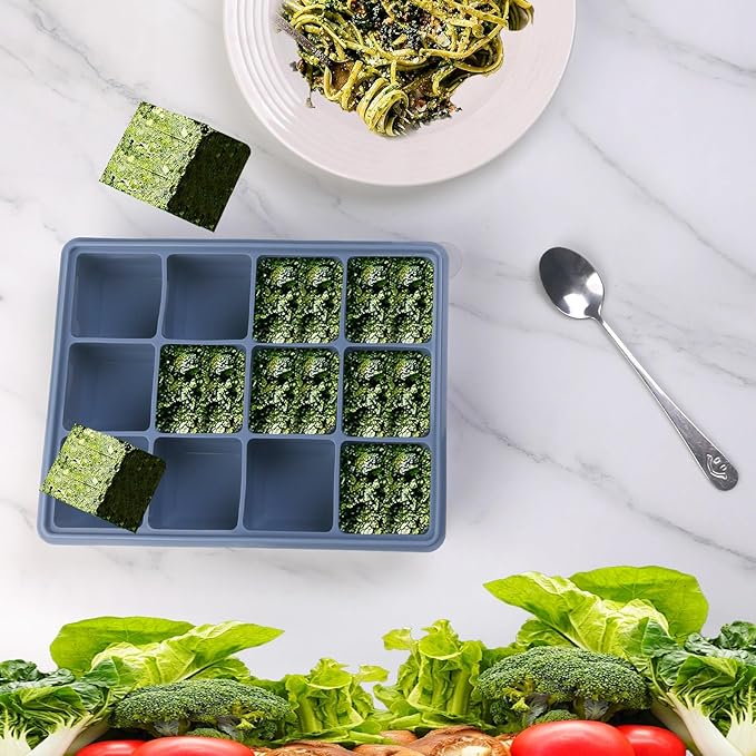 Silicone Freezer Trays with Lids, 1/2 Cup Silicone Soup Freezer Molds Set of 1, for Freezing Soups Sauces and Individual, Microwave safe, Makes 12 Perfect 1/2 Cup Portions Cubes (Blue 1 Pack)