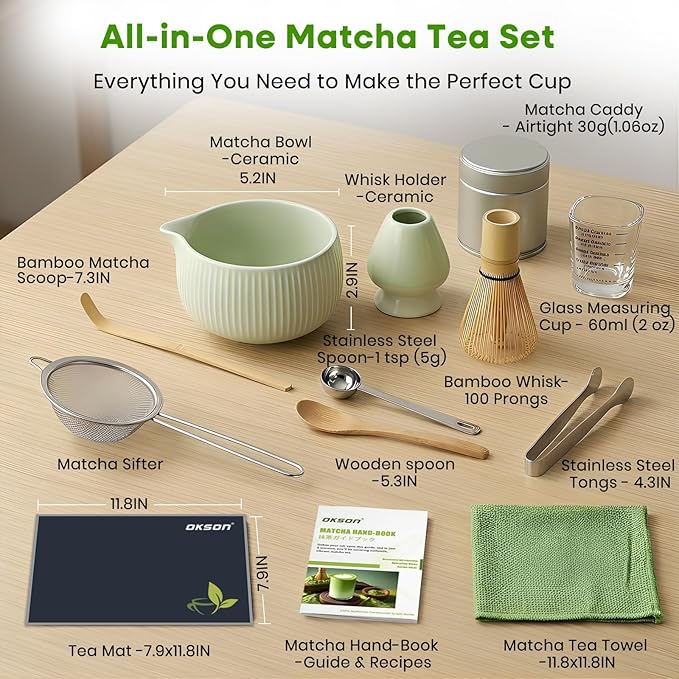 Matcha Whisk Set, 15PCS Ceramic Matcha Bowl Kit, Includes Bamboo Whisk & Holder, Glass Measuring Cup, Caddy, Sifter, Scoop, Tea Towel, Tea Mat, Making Sets for Lovers, Green