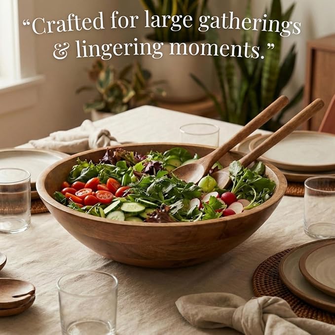 Extra Large Wooden Salad Bowl 15" with Serving Utensils - Large Wood Fruit Bowl - Oversized Mango Wood Salad Bowl for Big Family Meals , Bowl for Salad, Pasta, Popcorn - Handcrafted Wooden Salad Set