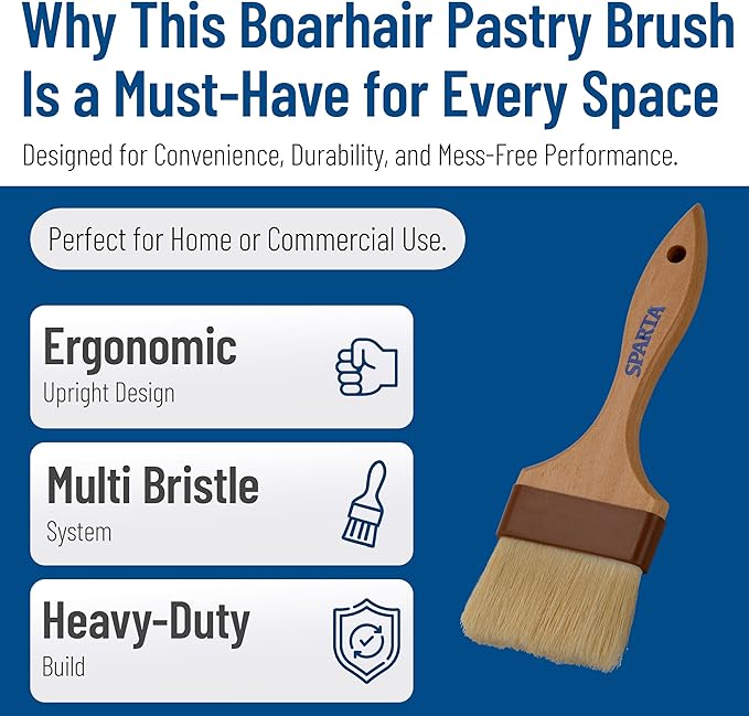SPARTA Chef Series Basting Brush, Flat Boar Bristle Pastry Brush for Cooking and Baking, 3" Wide, 12 Count