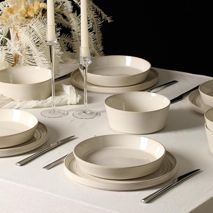 Stone Lain Claire 12-Piece Dinnerware Set Stoneware, Plates and Bowls Set, Dishwasher and Microwave Safe, Dish Set for 4, White