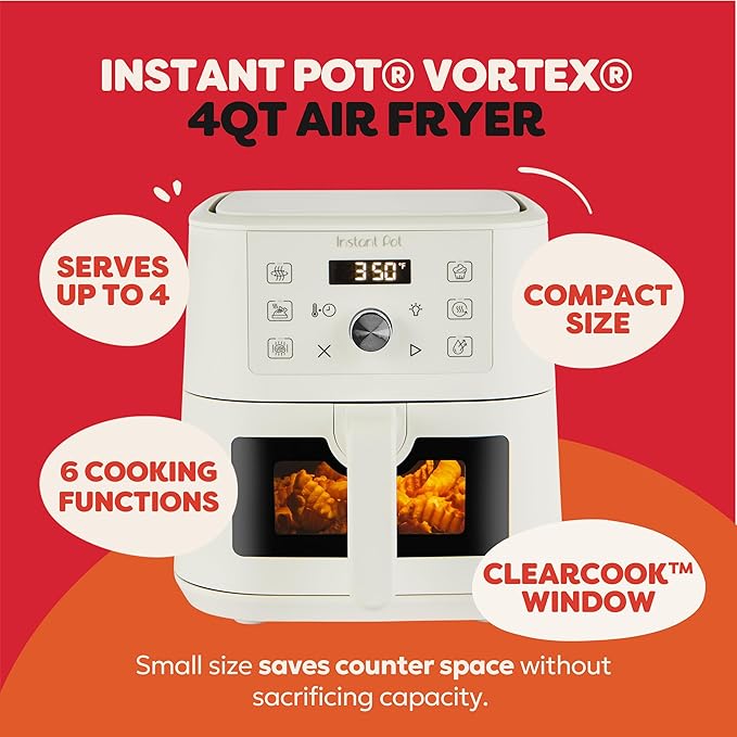 Instant Pot 4Qt VORTEX 6-in-1 Mini Air Fryer, Custom Program Options, Air Fry, Broil, Roast, Dehydrate, Bake, Reheat, Sea Salt, 4 Quarts