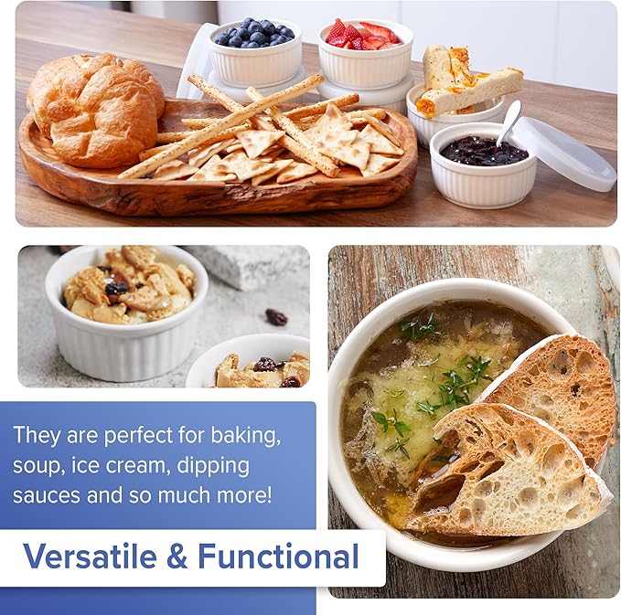 Nuwave 6pc Ceramic Ramekins w/Lid 8oz, Classic Elegant Style Ramekins, Bake Souffles, Creme Brulées, Custards, Puddings, 4.3” Wide & 2” Tall, Oven, Microwave & Dishwasher-Safe, PFAS Free, Ivory White
