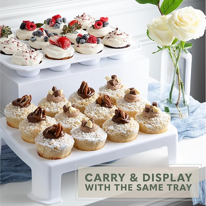 MosJos EXTRA TALL DOME Cupcake Carrier, White Cupcake Holder Carries 24 Cupcake Storage Container, Muffin Traveler Two Tier Stand Reusable Cupcake Box