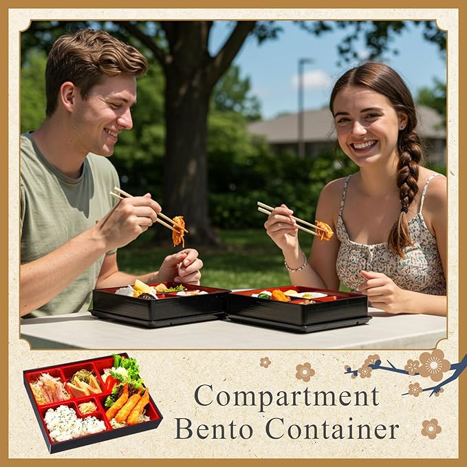 Teenyyou 2 Pcs 12 x 9.5 x 2.2 Inch Japanese Bento Box 6 Compartments Divided Lunch Box with Greaseproof Adult Japanese Bento Lunch Container Sushi Home Restaurant