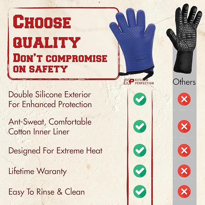 KITCHEN PERFECTION XL Silicone Oven & Griddle Gloves -Extreme Heat Resistant BBQ & Grilling Gloves -Handle Hot Food Right on Your Griddle |Waterproof Oven Mitts Grill Gloves |Superior Set+3 Bonuses