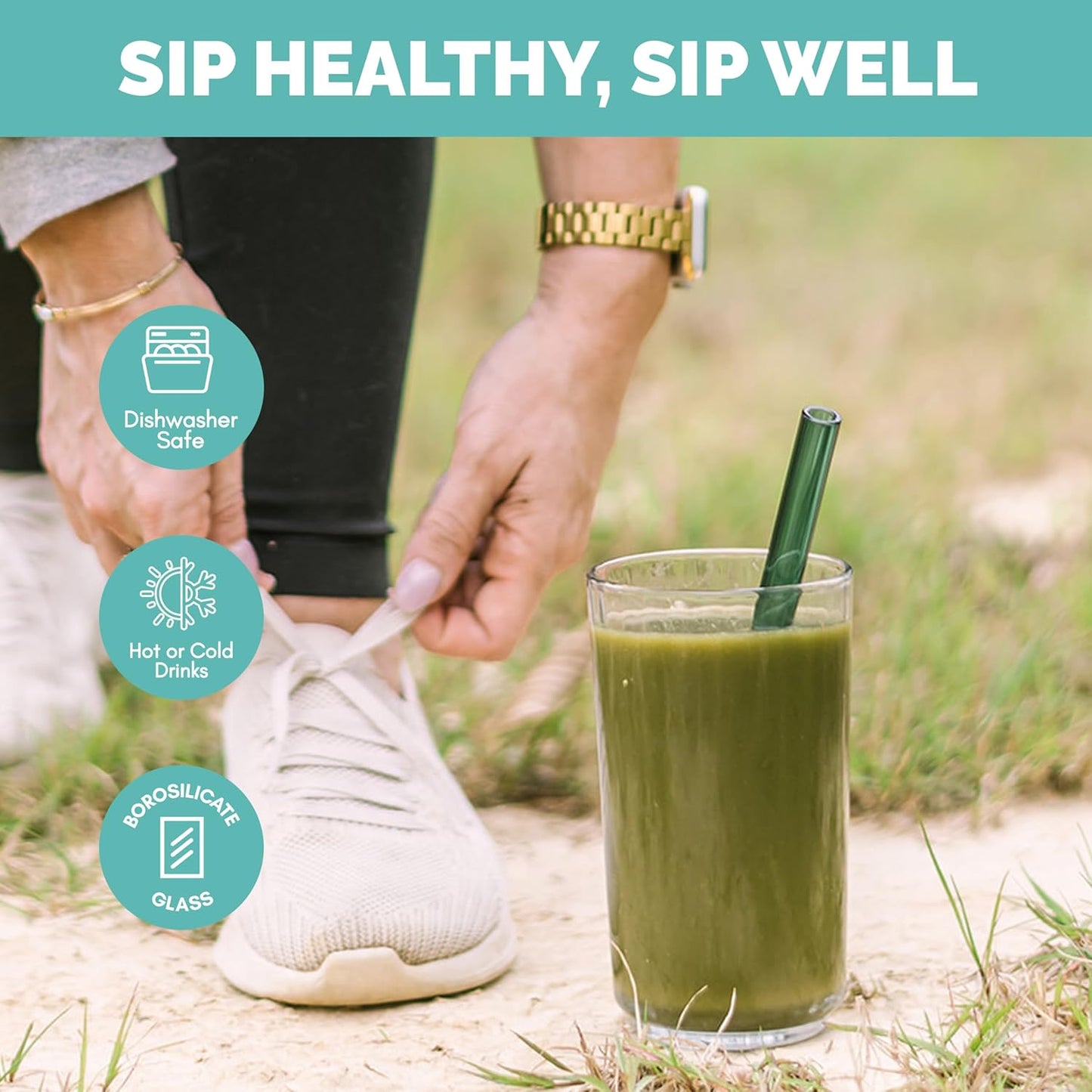 Simply Straws 8 Inch Wide Glass Straws (6-Pack) - 12mm Reusable Boba Straws for Milkshakes & Smoothies, with Cleaning Brush - Dishwasher Safe, Hot & Cold Use, BPA-Free (Fjord Mist)
