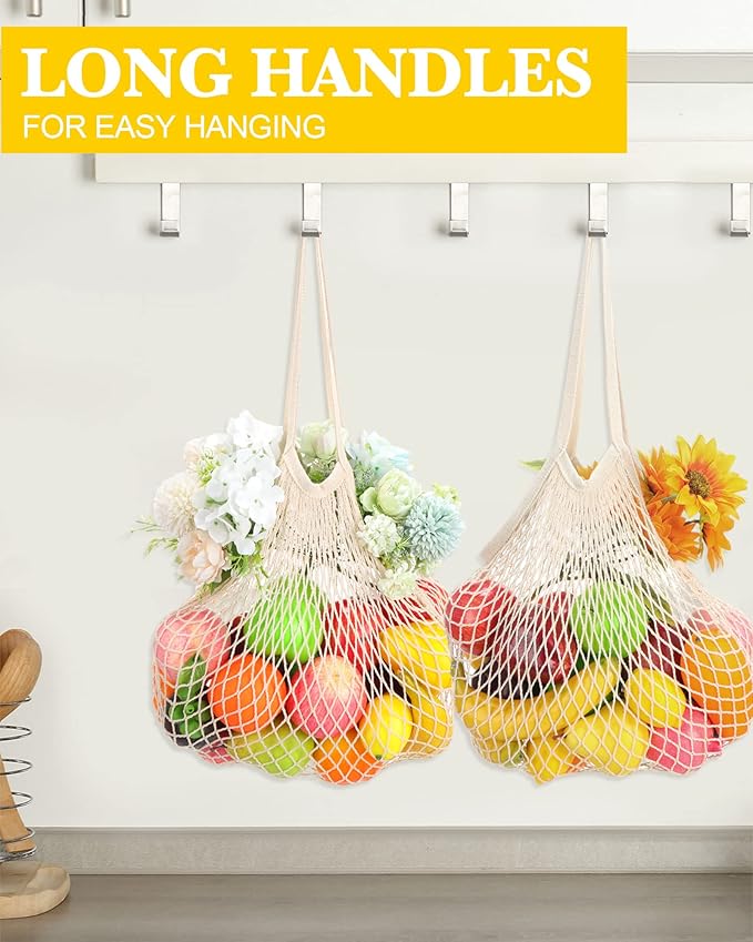 Woanger 24 Pcs Reusable Cotton Mesh Produce Shopping Bags Long Handle Washable Grocery Net Portable Fruit and Vegetable Cotton String Bags Beige Net Tote Organizer