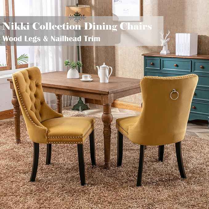 Velvet Dining Chairs Set of 2, Upholstered Dining Room Chairs with Back Ring Pull Trim and Solid Wood Legs,Tufted Wingback Kitchen Chair Perfect for Dining Room,Living Room,Kitchen(Gold)