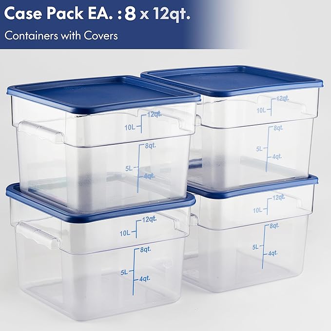 CURTA 8-Pack 12 Qt NSF Clear Polycarbonate Food Storage Containers with Blue Lids - Square, Commercial-Grade, Freezer & Dishwasher Safe, Stackable
