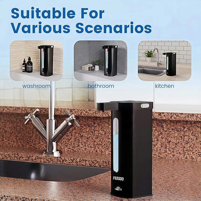 Touchless Automatic Soap Dispenser, 17 oz / 500ml Type-C Rechargeable Countertop Liquid Hand Soap Dispenser for Kitchen and Bathroom, Stainless Steel, Black