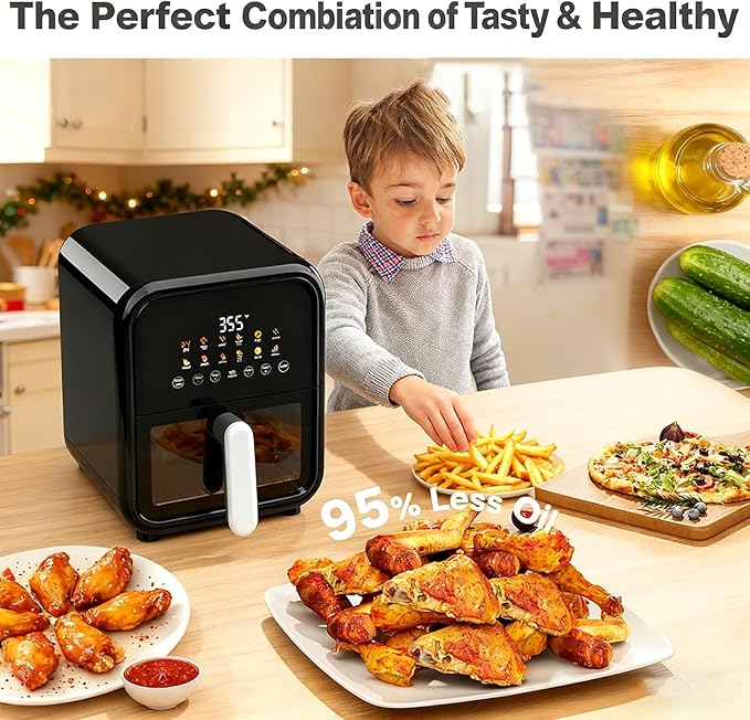 Simple Deluxe 12-in-1 Air Fryer 7.5 Qt, Digital Preset & DIY Function Airfryer with Visible Window, Nonstick and Dishwasher-Safe Basket, Chicken, Fries, Fish, Tart, Cake, DIY, Black