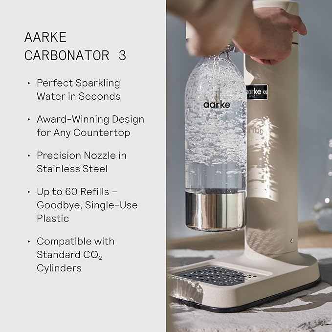 Aarke Carbonator lll with CO2 Cylinder, Sparkling & Carbonation Water Machine, Stainless Steel with PET BPA-Free Reusable Bottle Volume 1L/34 fl oz (Sand)
