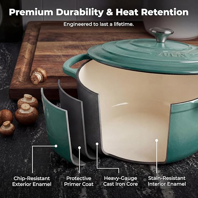 Zulay Kitchen 6 Quart Enameled Cast Iron Dutch Oven Pot with Lid – Premium Durability & Oven Safe up to 500°F – Heavy Duty Cookware Perfect for Bread Baking, Stews, Braising & Roasting - Aventurine
