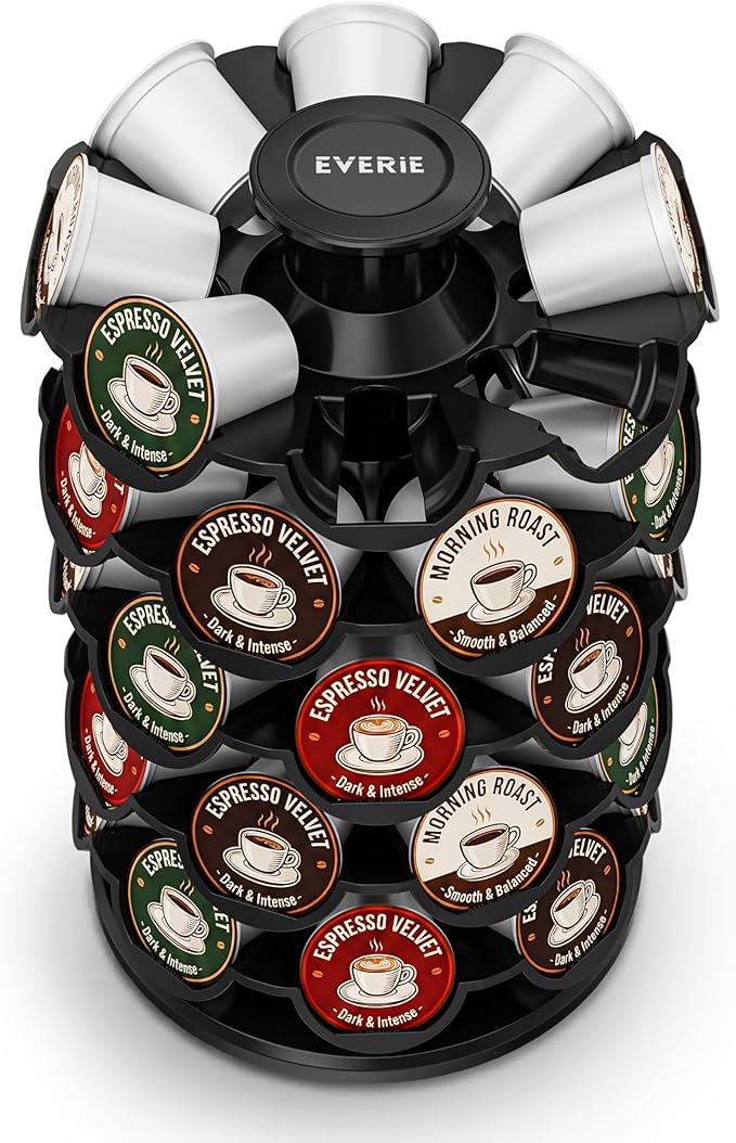 EVERIE Coffee Pod Carousel Organizer for Countertop, Holds 40 Single-Serve Coffee Pods, Smooth 360° Rotating Holder, Space-Saving Coffee Station Storage, Compact 8" x 8" x 12.4"