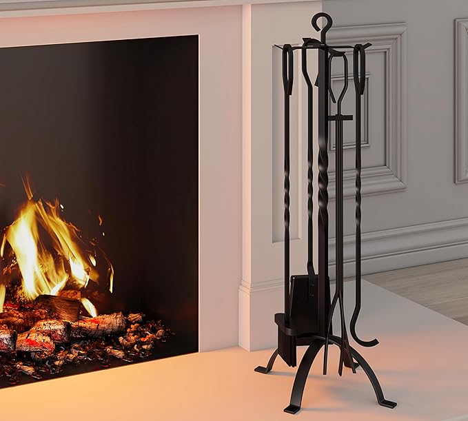 Fire Beauty 5 Pieces Fireplace Tools Sets Fireplace Accessories Tools Holder with Handles Tools for Indoor Fireplace Decor Outdoor Fire Pit Modern Tool(Black)