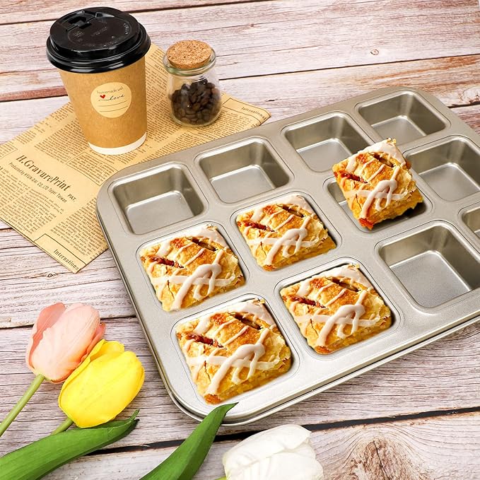 Beasea Brownie Pan with Dividers, 2 Set Gold All Edges Square Cupcake Brownie Pans 12 Mini Cavity Non Stick Baking Carbon Steel Bread Mold Small Edge 3x4 Individual Cutter Sheet Tray for Cake Oven