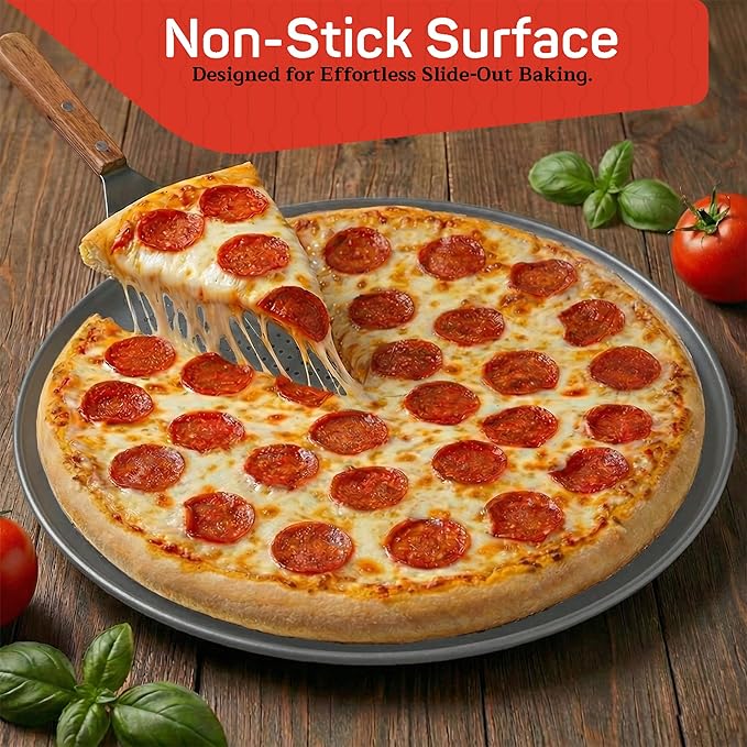 Emporio Kitchen Non-Stick Pizza Pan 1 Pack – 16 Inch Round Carbon Steel Pizza Tray with Perforated Holes, PFOAPFOSPTFE-Free, Dishwasher & Oven Safe Up To 450°F, Durable Nonstick Silver Coating