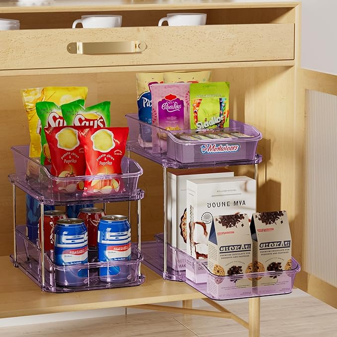 Delamu 2-Tier Under Sink Organizers and Storage, Multi-Purpose Stackable Bathroom Cabinet organizers, Pull Out Kitchen Pantry Organization and Storage with Dividers(2 Pack, Purple)