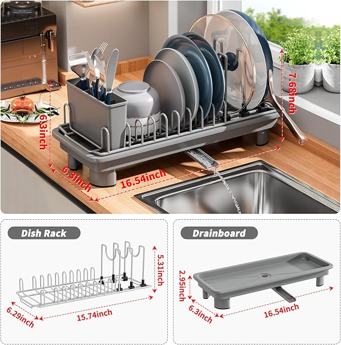 SanDream Small Dish Drying Rack with Removable Utensil Holder & Anti-Scratch Base - Stainless Steel Dish Rack, Dish Drying Rack with Drainage & Space Saving Design for Kitchen Counter, Gray
