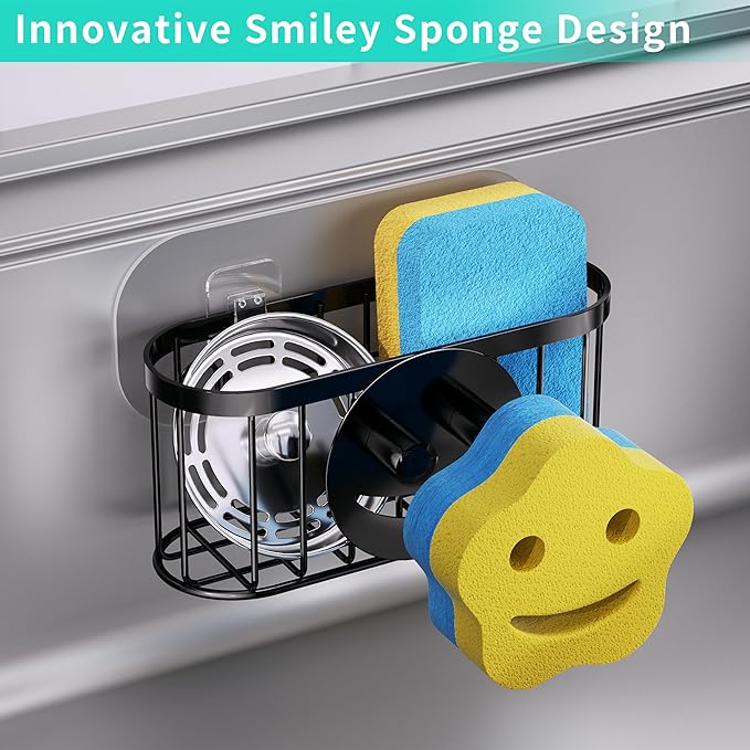 HapiRm Sink Caddy Sponge Holder - 2 Installation Ways Kitchen Sink Organizer with Smiley Face Sponge Holder, Stainless Steel Kitchen Caddy - Black