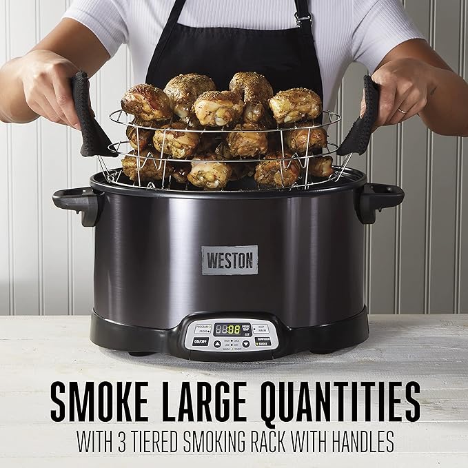 WESTON BRANDS 2-in-1 Indoor Electric Smoker & Programmable Slow Cooker, 6 Quart, With 3-Tier Smoking Rack for Meat, Cheese and More, Dishwasher Safe Crock, Temperature Probe, Black (03-2500-W)