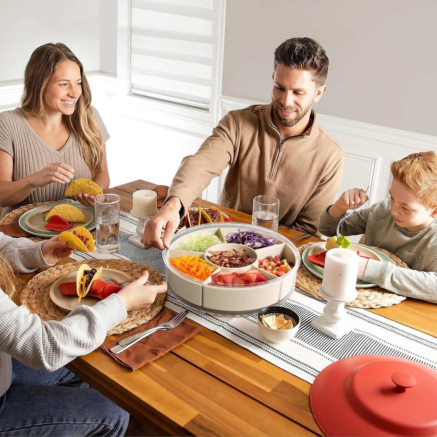 Divided Serving Tray with Lid and Handle,Large Snack Spinner,Snackle Box Container, Multi-Purpose Food Platter for Charcuterie Veggie Fruit, Taco Tuesday Movie Night Travel Beach Picnic Essentials