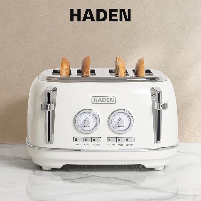 Haden Dorset 4 Slice Wide Slot Stainless Steel Toaster with Adjustable Browning Control & Non-Slip Feet, Ivory & Chrome