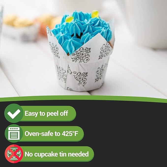 Restaurantware Panificio 1.2 Ounce Baking Cups 200 Tulip Cupcake Liners - Oven-Ready Freezable Black And White Paper Muffin Cases Disposable Vintage Floral For Wedding Parties Baby Showers