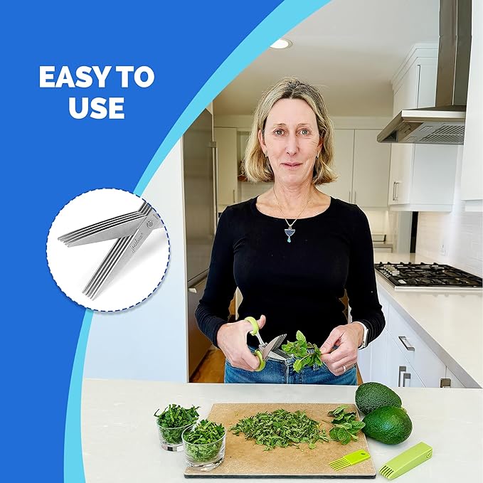 Jenaluca 5 Blade Herb Scissors - Cut & Chop Fresh Herbs & Leafy Greens - Salad Scissors - Stainless Steel Kitchen Shear Set with Cleaning Comb & Safety Cover - Kitchen Gadget - Green
