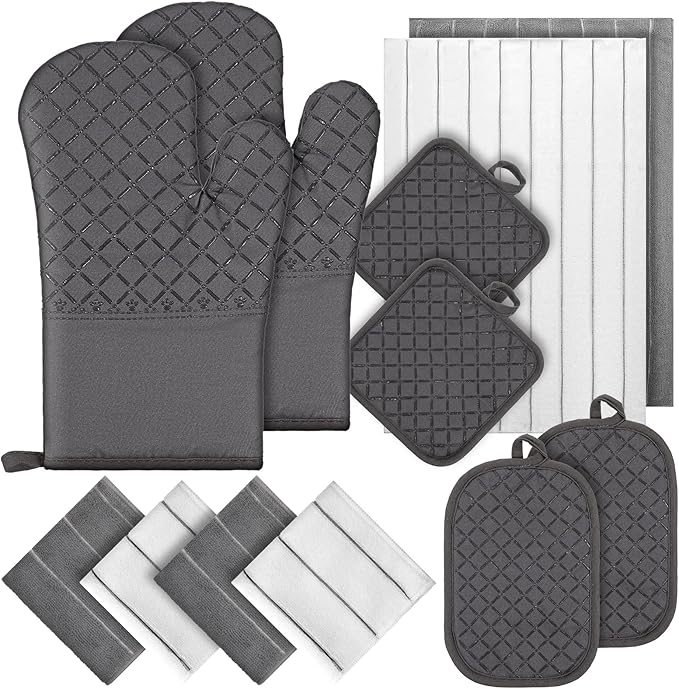 Oven Mitts Kitchen Towels Dishcloths with Pot Holders Sets 12pcs Dish Towels Sets Oven Gloves Pot Pads Heat Resistant 500 Degrees with Non-Slip Silicone Surface for Cooking Baking Grilling