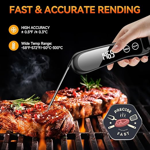 Digital Meat Thermometer 180° Rotate Temp Probe 1 Sec Instant Read Thermometer for Cooking IP67 LED Screen Waterproof Thermometer for Kitchen, BBQ, Fry, Grill, Candy