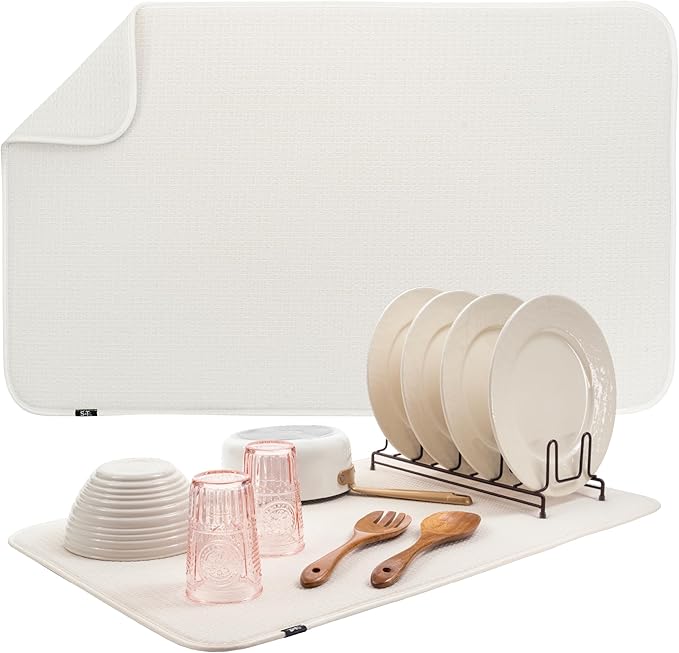 S&T INC. Dish Drying Mat 18" x 30" Cream and Dish Soap Dispenser Bamboo Bundle