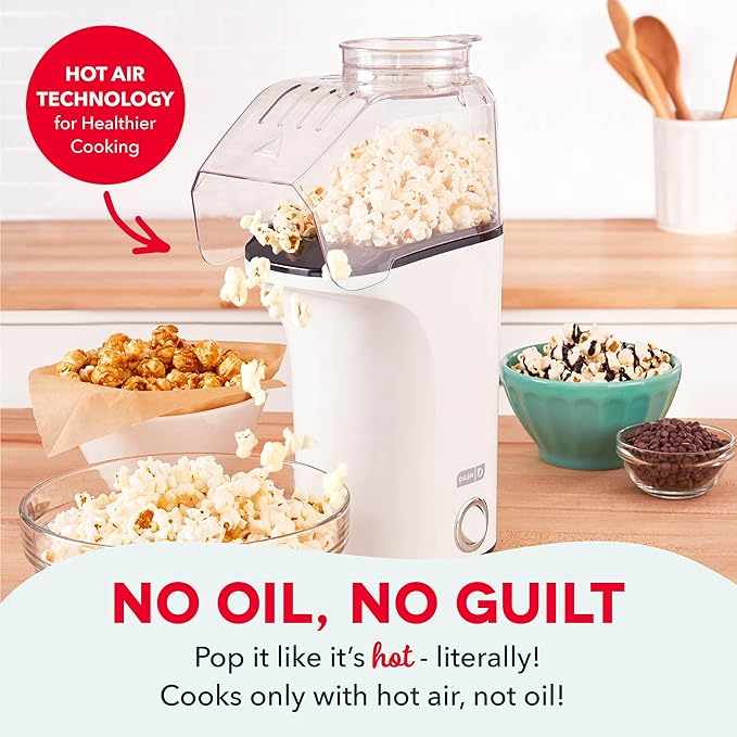 DASH Fresh Pop Popcorn Maker - Oil-Free, Air Popcorn Popper - With Measuring Cup & Recipe Guide - Perfect for Movie Nights - 16 Cups, White