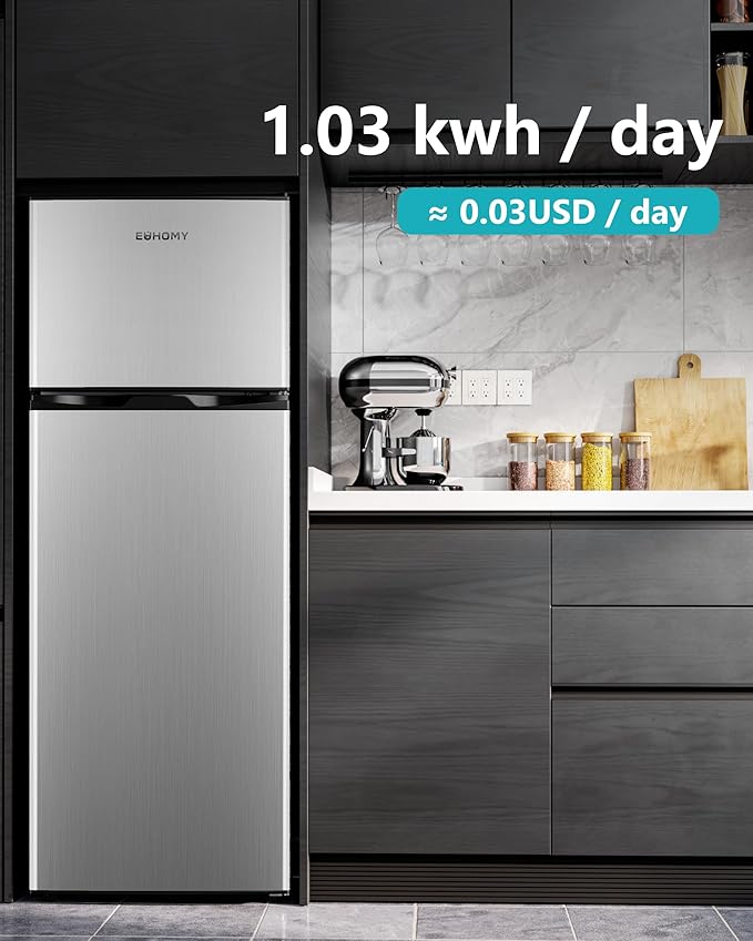 EUHOMY 7.4 Cu.Ft. Refrigerator with Freezer, 2 Door Fridge, Adjustable Thermostat，Large Capacity, Refrigerator for Kitchen/Dorm/Office/Apartment - Food Storage or Cooling drinks, Silver