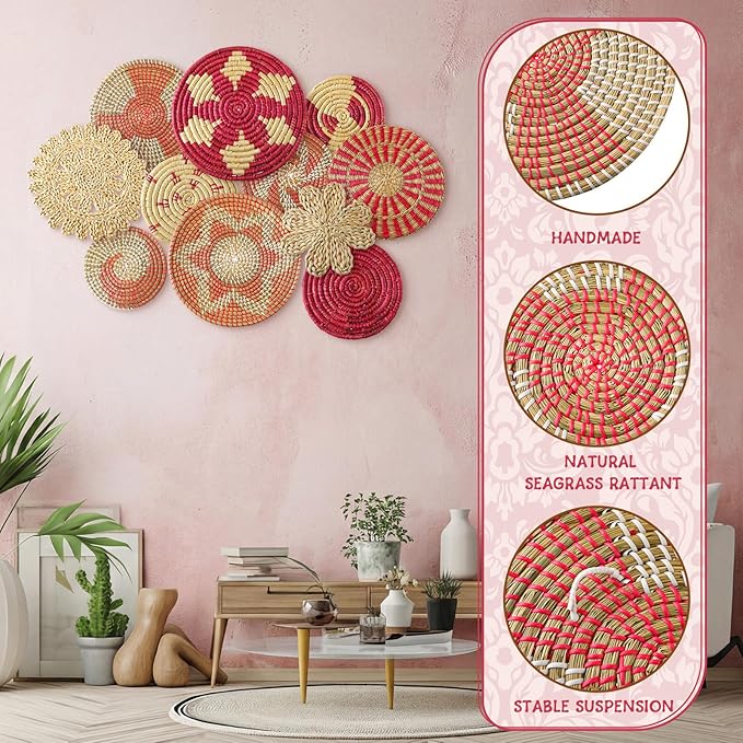 Tatuo 11 Pcs Boho Wall Basket Decor Bulrush Woven Wall Hanging Art Round Farmhouse Rustic Handmade Wicker for Summer Home, Bedroom, Living Room, Kitchen Decorations, Multi Sizes(Pink)