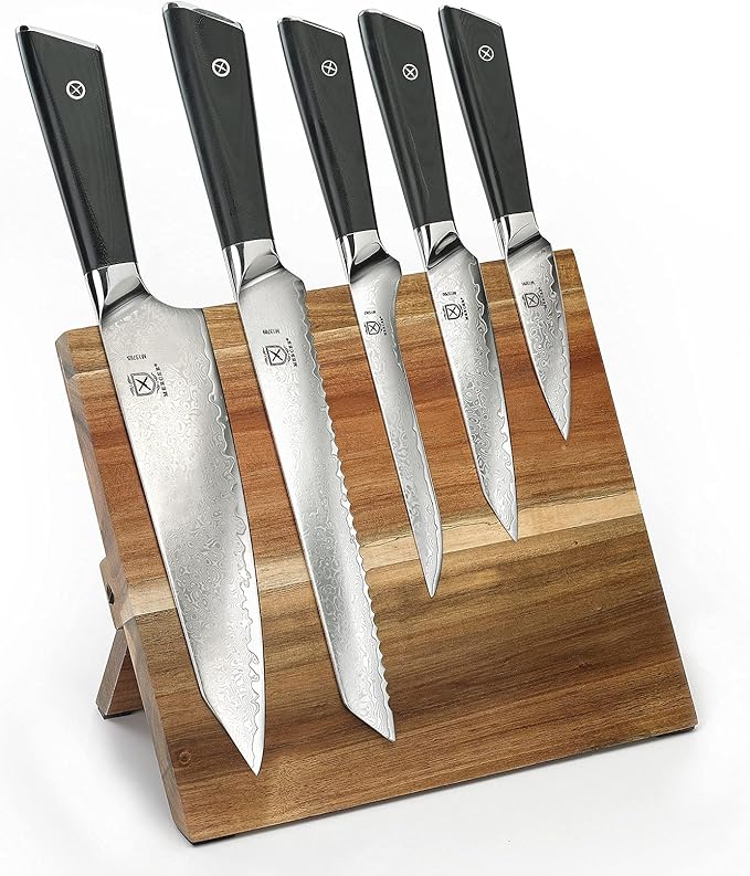 Mercer Culinary Premium Grade Super Steel 6-Piece Knife Set with Magnetic Acacia Stand, G10 Handles