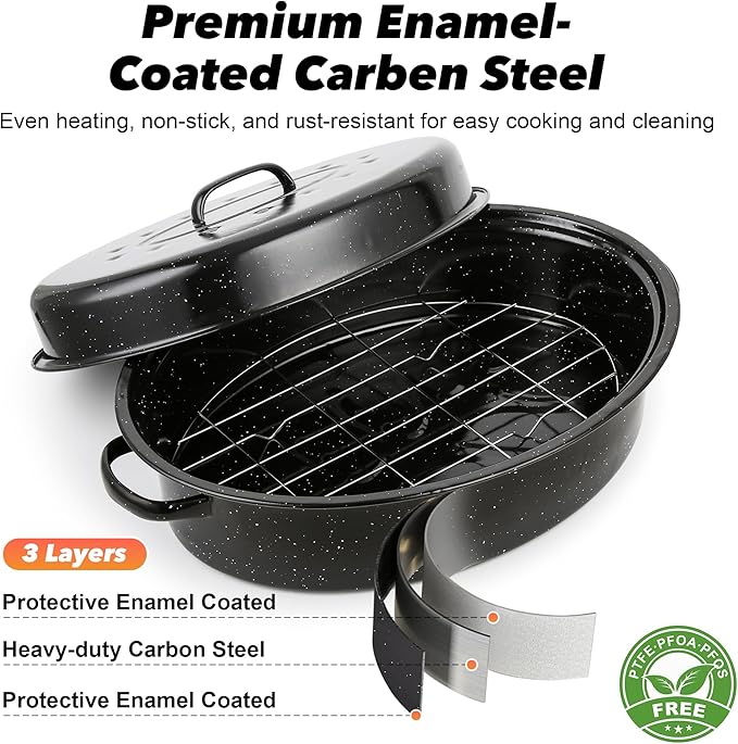 18” Roaster Pan with Lid and Rack, Large Enamel Roaster Pan with Oval Roasting Rack, Granite Baking Pot for Chicken Turkey Lamb, Heat Resistant, Oven/Dishwasher/All Stovestops Compatible