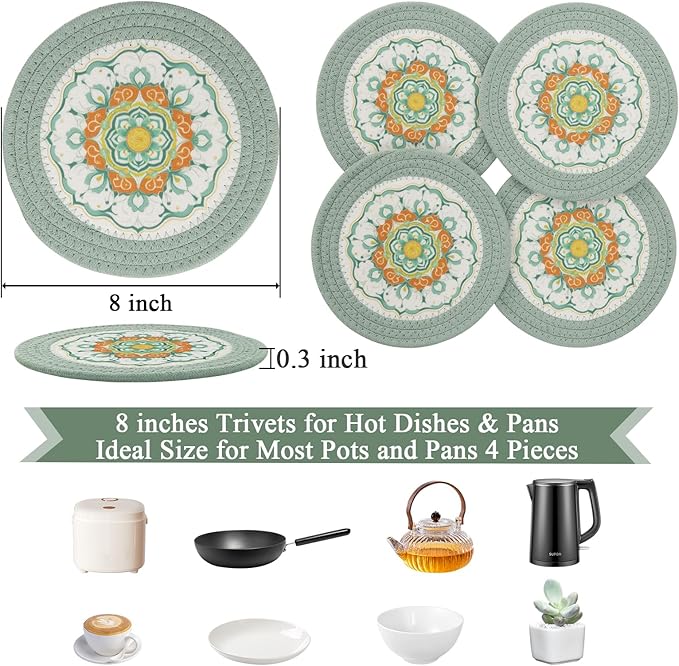 SHACOS Sage Green 8 Inches Trivets for Hot Dishes, 4 Pieces Cotton and Felt Floral Pattern Trivet Mats for Kitchen, Hot Pads for Countertops, Table, Heat-Resistant Pot Holders for Hot Pots and Pans