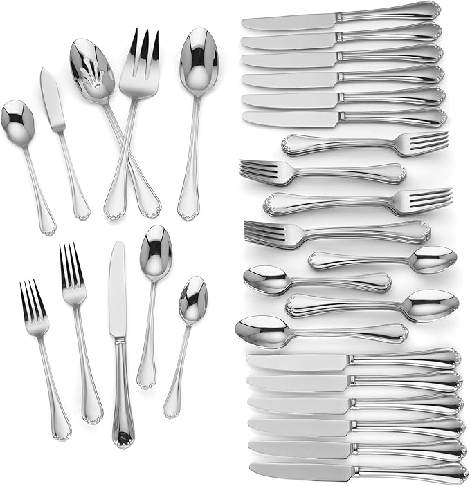 Lenox Silverware Set, Chelse Muse 65-Piece Flatware Set, Service For 12, 18/10 Stainless Steel, Dishwasher Safe, Knives Spoons And Forks Sets, Home And Kitchen Utensils (Silver, 65 Pieces)