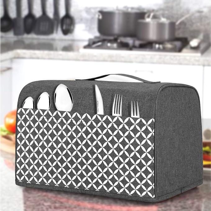 Yarwo 4 Slice Toaster Cover with Pockets and Top Handle, Nylon Toaster Cover Fits for Most 4 Slice Long Slot Toasters, Gray with Grid