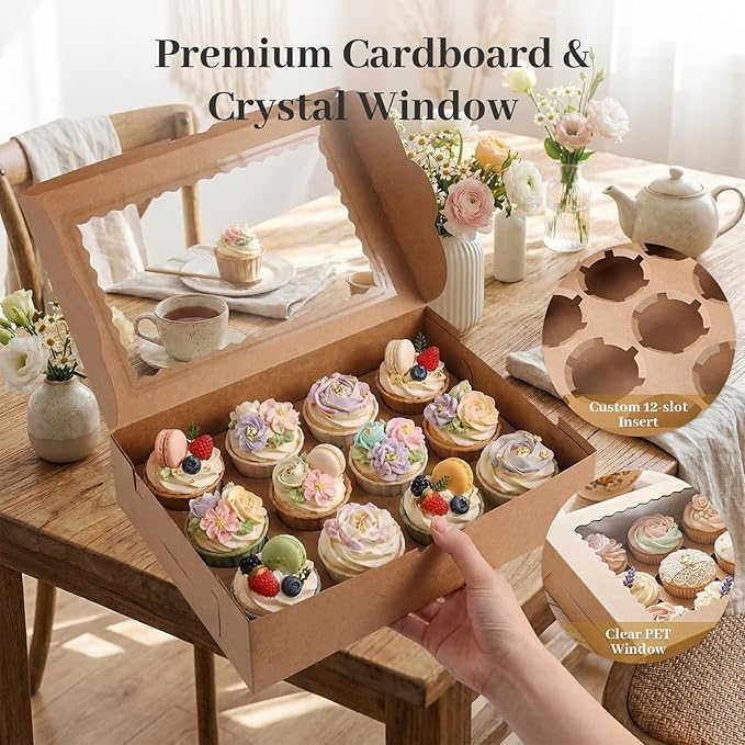 VGOODALL 6PCS Kraft Cupcake Containers, 12 Count with Window Boxes Holding 72 Pastry Box for Birthday Holiday Party Bakery Supplies