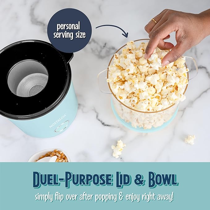 Nostalgia 8-Cup Hot Air Popcorn Maker & Bowl - 2-In-1 Bowl & Lid, 2 oz Measuring Cup - Oil-Free Pop Corn for Movie Night, Snacks, Birthday Parties, and More - Aqua