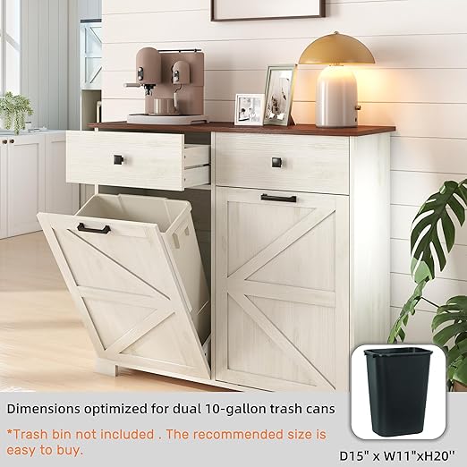 20 Gallon Double Tilt-Out Trash Can Cabinet,Wood Hidden Garbage Can Cabinet – Free Standing Recycling Cabinet Pet Proof Trash Can Holder with 2 Drawer for Kitchen Bathroom, Living Room,White