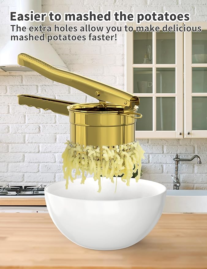 Livilord Large 15oz Potato Ricer, Heavy Duty Stainless Steel Ricer for Mashed Potatoes, Sweet Potato Masher Kitchen Tool with Ergonomic Handle, Press and Mash Kitchen Gadget, Gold