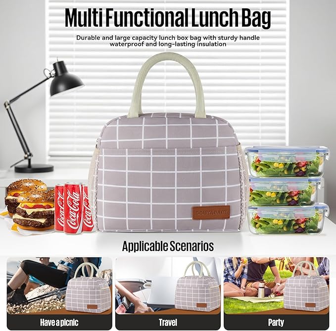 douyadady Lunch Bag Women/Men Lunch Box Women/Men (Grey+White Blocks)