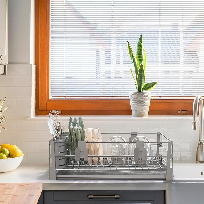 Simple Houseware Dish Drying Rack with Drainboard, Utensil Holder & Mug Hooks, Silver Metal Kitchen Counter Organizer
